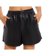 Everbellus Women Elastic Waist Loose Leather Shorts with Pockets 1